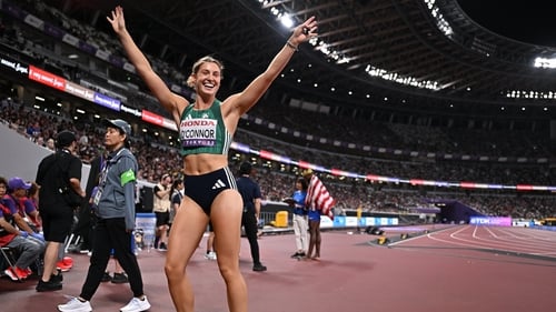 Kate O'Connor reacts after running a personal best of 24.07 in the 200m