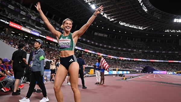 Kate O'Connor reacts after running a personal best of 24.07 in the Women's Heptathlon 200m event, World Championships