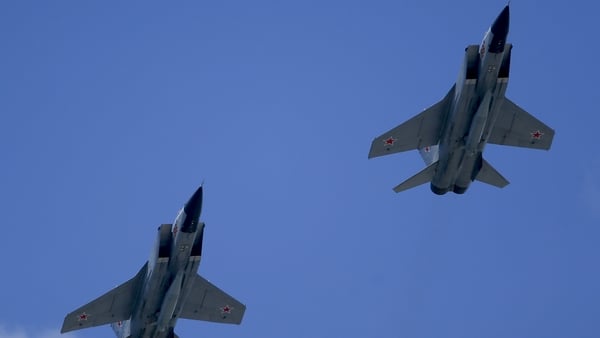 MOSCOW, RUSSIA - JUNE 24: MIG-31k fighter jet, with Kinzhal missile system, performs during Victory Day in Red Square in Moscow, Russia on June 24, 2020. Victory Day parades, commemorating the 75th anniversary of the victory in World War II, have been pos