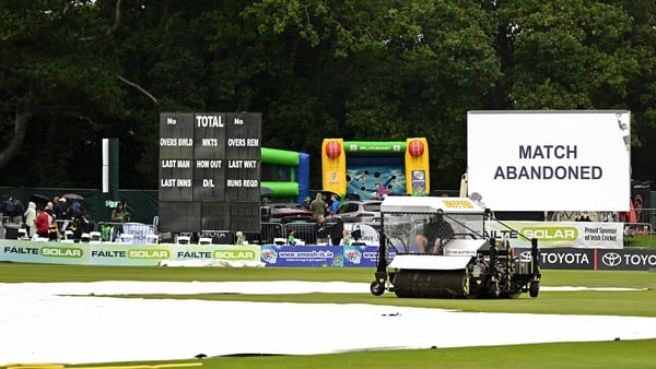 19 September 2025; A view of the big screen after the abandonment of match two of the T20 International Series between Ireland and England at Malahide Cricket Ground in Dublin. Photo by Seb Daly/Sportsfile