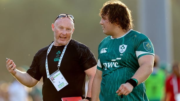 29 June 2025; Ireland head coach Neil Doak, left, and Alex Usanov after the World Rugby U20 Championship 2025 Pool C match between Ireland and Georgia at Stadio San Michele in Calvisano, Italy. Photo by Roberto Bregani/Sportsfile