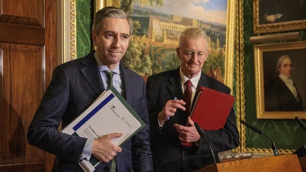 Northern Ireland Secretary Hilary Benn and Tánaiste Simon Harris speak to the media following the publication of a new joint framework to deal with the legacy of the NI Troubles