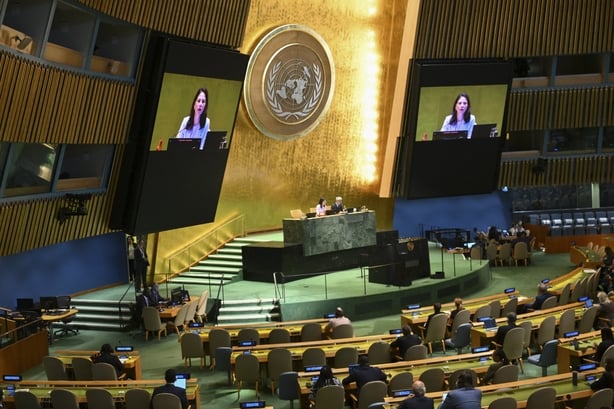 Former German Foreign Minister and President of the 80th session of the United Nations General Assembly Annalena Baerbock speaks during a General Assembly meeting to vote on two states solution to the Palestinian question at United Nations headquarters (UN) on September 12, 2025 in New York City. Th