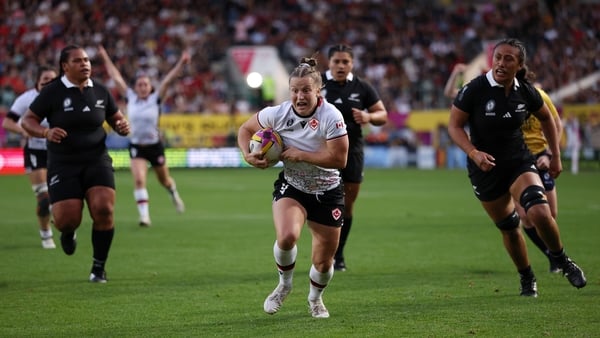 BRISTOL, ENGLAND - SEPTEMBER 19: Justine Pelletier of Canada scores her team's first try during the Women's Rugby World Cup 2025 Semi Final match between New Zealand and Canada at Ashton Gate on September 19, 2025 in Bristol, England. (Photo by Paul Hardi