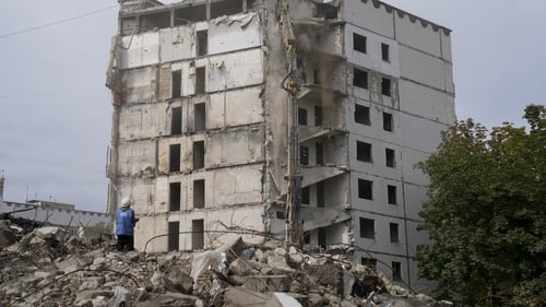 A destroyed residential building after Russian shelling yesterday in Kharkiv, Ukraine