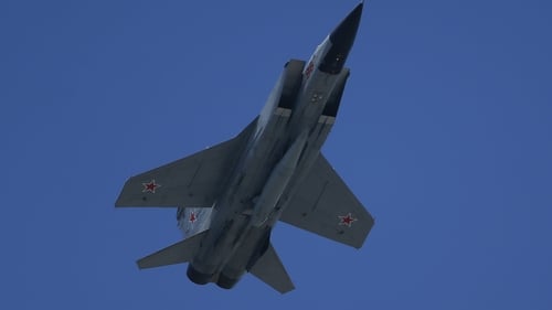 MIG-31k fighter jet, with Kinzhal missile system, performs during Victory Day in Red Square in Moscow, Russia in 2020