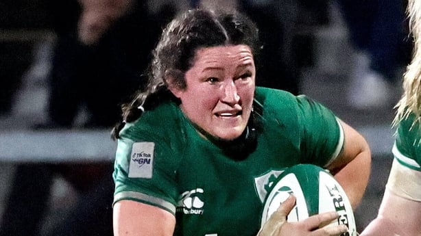 30 April 2022; Hannah O'Connor of Ireland, left, during the Tik Tok Women's Six Nations Rugby Championship match between Ireland and Scotland at Kingspan Stadium in Belfast. Photo by John Dickson/Sportsfile