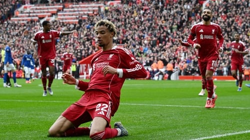 Hugo Ekitike celebrates what proved to be the winning goal at Anfield