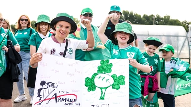 24 August 2025; Ireland supporters Sadie Kane, left, and Violet Fultham, from Armagh, before the Women's Rugby World Cup 2025 Pool C match between Ireland and Japan at Franklin's Gardens in Northampton, England. Photo by Harry Murphy/Sportsfile