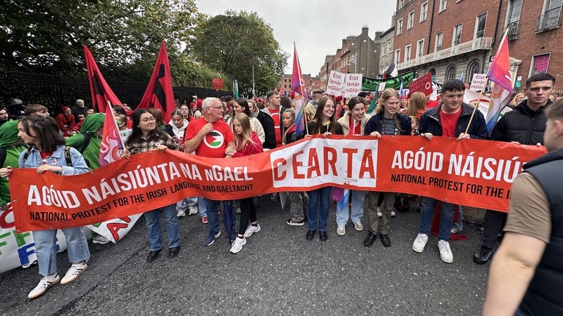 Participants at the Cearta Irish language protest in Dublin in September 2025. Photo: RollingNews