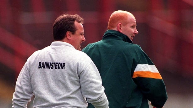 12 April 1998; Donegal and Offaly maagers, Tommy Lyons and Declan Bonner walk the sideline during the Church & General National Football League Semi-Final match between Donegal and Offaly at Croke Park in Dublin. Photo by Ray McManus/Sportsfile