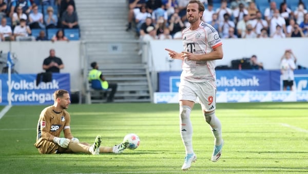 SINSHEIM, GERMANY - SEPTEMBER 20: Harry Kane of Bayern Munich celebrates scoring his team's third goal and his hat-trick during the Bundesliga match between TSG Hoffenheim and FC Bayern München at PreZero-Arena on September 20, 2025 in Sinsheim, Germany.