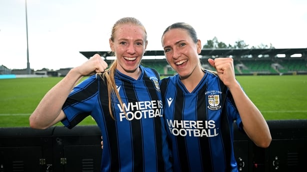14 September 2025; Athlone Town goalscorers Kelly Brady, left, and Madison Gibson celebrate after the Sports Direct Women's FAI Cup semi-final match between Shamrock Rovers and Athlone Town at Tallaght Stadium in Dublin. Photo by Ramsey Cardy/Sportsfile