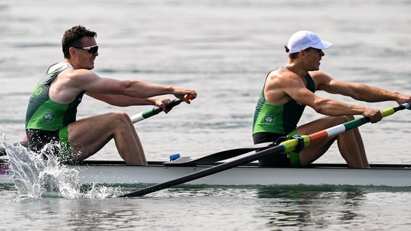 Ross Corrigan, left, and Nathan Timoney of Team Ireland during the Men's Pair A Final at Vaires-sur-Marne Nautical Stadium during the 2024 Paris Summer Olympic Games in Paris, France