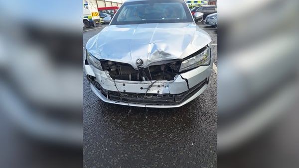 Damage is seen at the front of a vehicle that was rammed