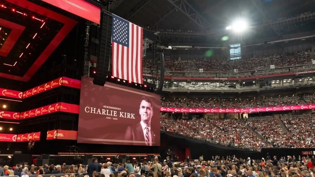 An image of Turning Point USA founder Charlie Kirk during a memorial service at State Farm Stadium in Glendale, Arizona, US, on Sunday, Sept. 21, 2025. President Donald Trump proclaimed Charlie Kirk a "martyr for American freedom" in a memorial ceremony to commemorate the political activist as Erika