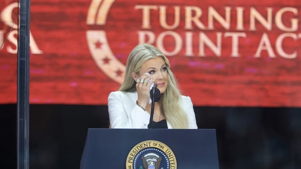 GLENDALE, ARIZONA - SEPTEMBER 21: Mrs. Erika Kirk speaks during the memorial service for her husband, political activist Charlie Kirk at State Farm Stadium on September 21, 2025 in Glendale, Arizona. Kirk, the CEO and co-founder of Turning Point USA, was shot and killed on September 10th while speak