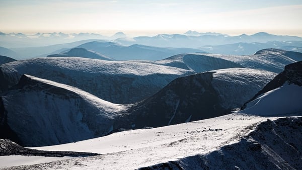 A photo from a helicopter shows the Scandinavian mountain range, above the Arctic Circle in northern Sweden