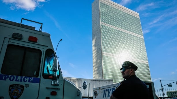 NYPD police stand guard outside the United Nations headquarters