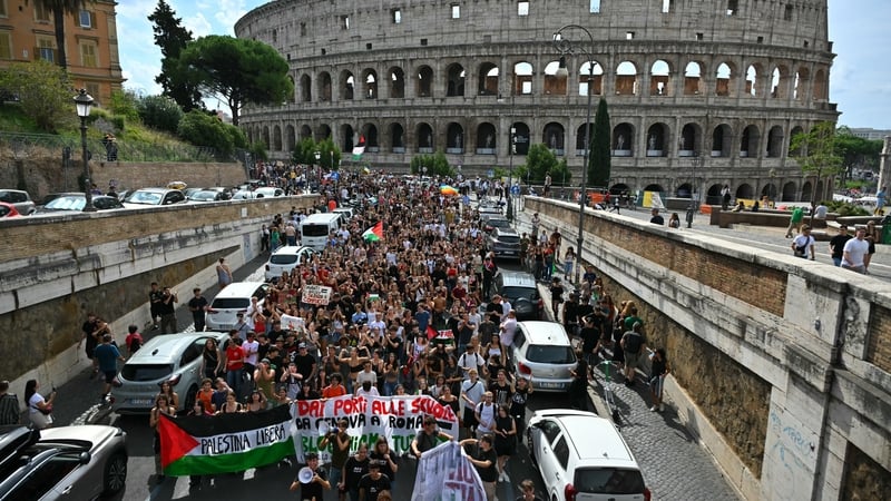 Protesters marched near the Colosseum in Rome as part of the demonstration