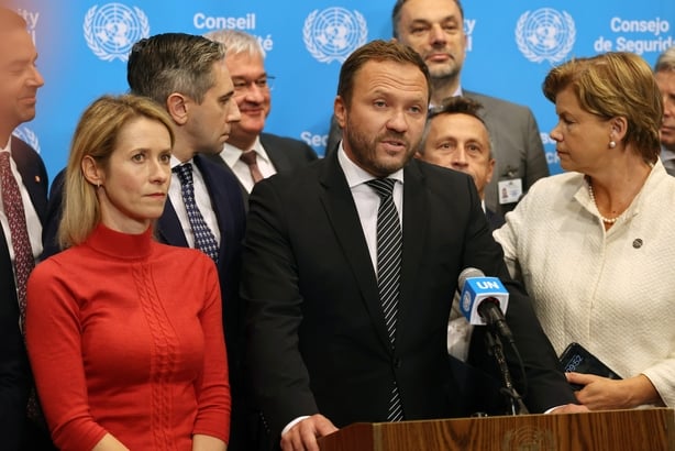 NEW YORK, NEW YORK - SEPTEMBER 22: Surrounded by foreign ministers and senior diplomats from other nations, Estonia's Foreign Minister Margus Tsahkna delivers a statement on behalf of 50 countries and the European Union, condemning the incident where three Russian fighter jets violated Estonian airs