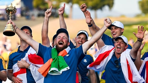 1 October 2023; Shane Lowry of Europe celebrates alongside teammate Rory McIlroy as he lifts the Ryder Cup after the final day of the 2023 Ryder Cup at Marco Simone Golf and Country Club in Rome, Italy. Photo by Brendan Moran/Sportsfile