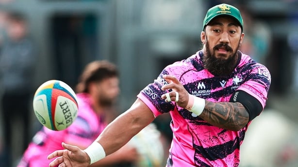 20 September 2025; Bundee Aki during a Connacht Rugby open training session at Dexcom Stadium in Galway. Photo by Thomas Flinkow/Sportsfile