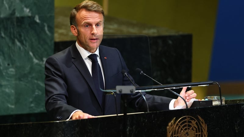 French President Emmanuel Macron speaks during a UN Summit on Palestinians at UN headquarters during the UN General Assembly in New York