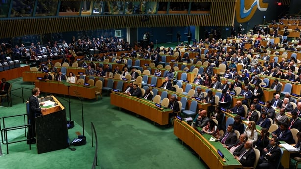 France's President Emmanuel Macron speaks during a United Nations Summit on Palestinians at UN headquarters during the United Nations General Assembly (UNGA) in New York on September 22, 2025. France and other countries prepared to recognize a Palestinian state as the UN's centerpiece diplomatic wee