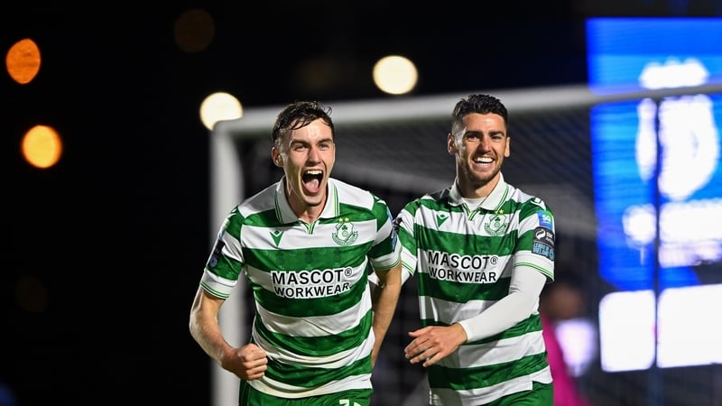 Matt Healy celebrates with Dylan Watts after putting Shamrock Rovers 2-0 ahead