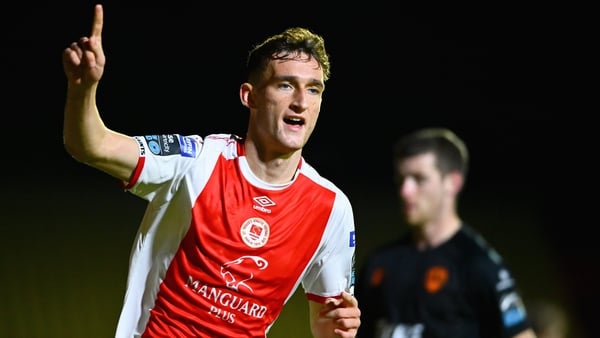22 September 2025; Mason Melia of St Patrick's Athletic celebrates after scoring his side's second goal during the SSE Airtricity Men's Premier Division match between St Patrick's Athletic and Cork City at Richmond Park in Dublin. Photo by Shauna Clinton/