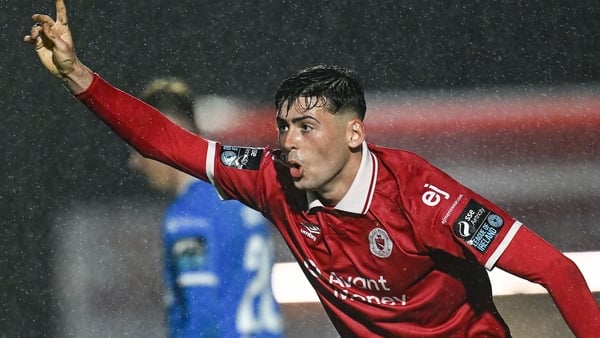 18 April 2025; Cian Kavanagh of Sligo Rovers celebrates after scoring his side's third goal during the SSE Airtricity Men's Premier Division match between Waterford and Sligo Rovers at the Regional Sports Centre in Waterford. Photo by Seb Daly/Sportsfile
