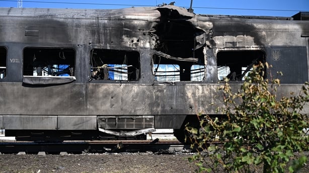 An Intercity+ high-speed train is severely damaged by a Russian missile attack in Kyiv, Ukraine last month