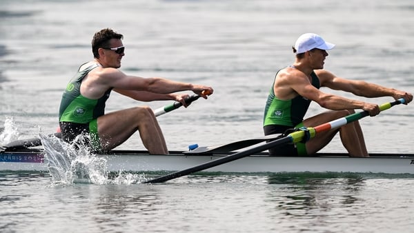 2 August 2024; Ross Corrigan, left, and Nathan Timoney of Team Ireland during the Men's Pair A Final at Vaires-sur-Marne Nautical Stadium during the 2024 Paris Summer Olympic Games in Paris, France. Photo by David Fitzgerald/Sportsfile