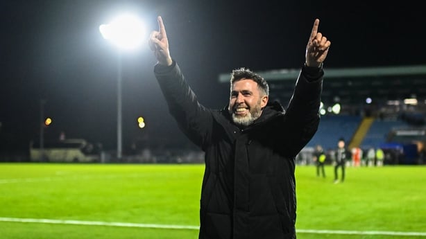 22 September 2025; Shamrock Rovers manager Stephen Bradley celebrates in front supporters after their side's victory in the SSE Airtricity Men's Premier Division match between Waterford and Shamrock Rovers at the Regional Sports Centre in Waterford. Photo by Piaras Ó Mídheach/Sportsfile