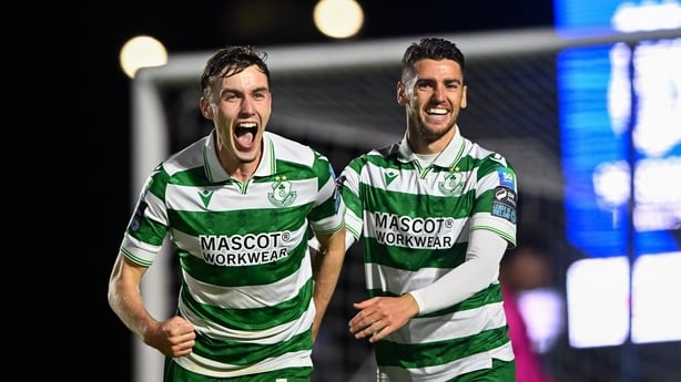 22 September 2025; Matt Healy of Shamrock Rovers celebrates with team-mate Dylan Watts, right, after scoring their side's second goal during the SSE Airtricity Men's Premier Division match between Waterford and Shamrock Rovers at the Regional Sports Centre in Waterford. Photo by Piaras Ó Mídheach/Sp