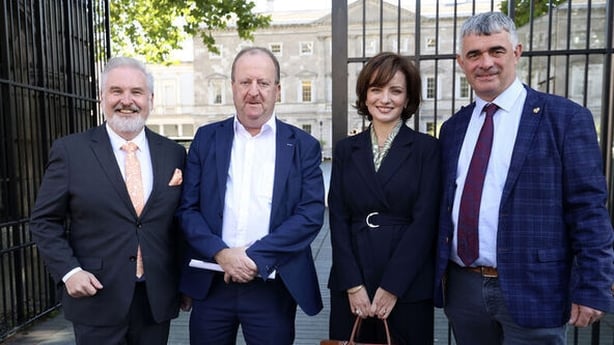 Photo shows the independent presidential candidate Maria Steen with Independent TD Richard O Donoghue and Michael Collins, councillor Ken O'Flynn outside Leinster House 