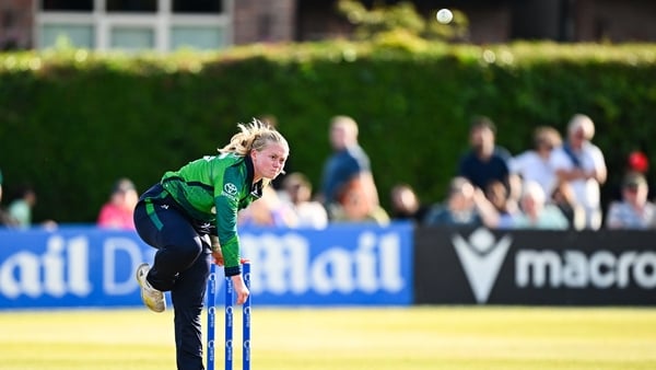 10 August 2025; Ireland bowler Freya Sargent during match three of the Women's T20 International Series between Ireland and Pakistan at Castle Avenue Cricket Ground in Dublin. Photo by Seb Daly/Sportsfile