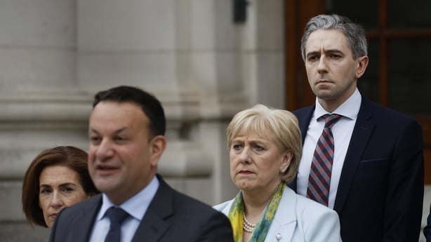 Taoiseach Leo Varadkar speaking to the media at Government Buildings in Dublin, he has announced he is to step down as Taoiseach and as leader of his party, Fine Gael with party colleagues (from left) Hildegarde Naughton, Heather Humphreys and Simon Harris. Picture date: Wednesday March 20, 2024.