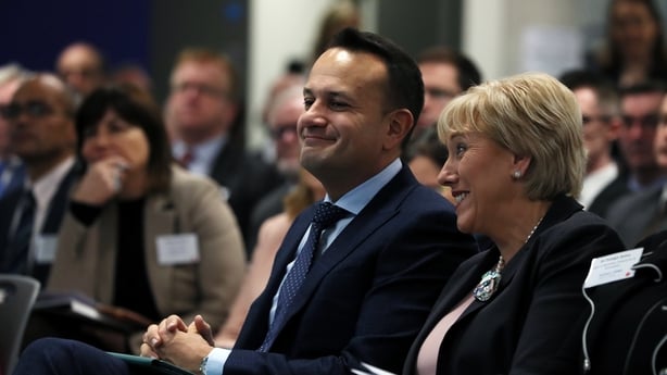  Leo Varadkar (left) and Minister for Business, Enterprise, and Innovation Heather Humphreys attend the Future Jobs Ireland Summit at Trinity College in Dublin.