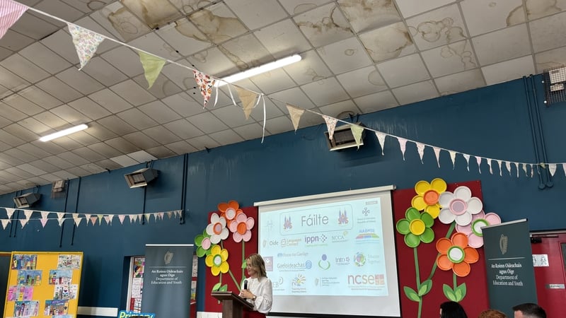 The school hall ceiling above Helen McEntee is ringed with multiple brown water stains