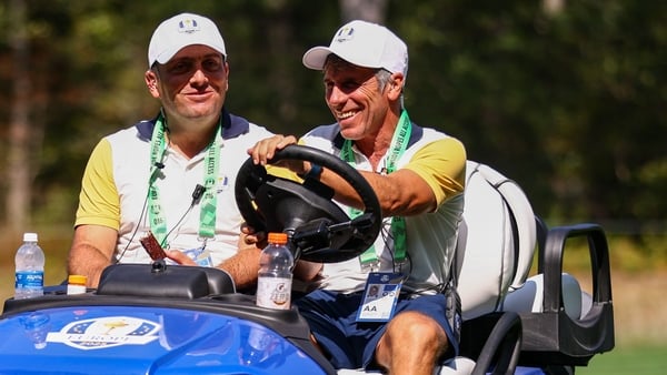 Europe vice-captain Francesco Molinari, and his driver Gianfranco Zola, during a practice round before the 2025 Ryder Cup at Black Course at Bethpage State Park Golf Course in Farmingdale, New York, USA.
