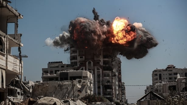 GAZA CITY, GAZA - SEPTEMBER 14: Smoke rises following Israeli airstrikes that hit and destroyed multiple buildings and high-rise towers in Gaza City, Gaza on September 14, 2025. (Photo by Abdalhkem Abu Riash/Anadolu via Getty Images)