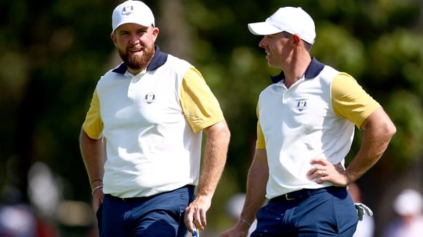 New York , United States - 23 September 2025; Shane Lowry, left, and Rory McIlroy of Europe during a practice round before the 2025 Ryder Cup at Black Course at Bethpage State Park Golf Course in Farmingdale, New York, USA. (Photo By Vaughn Ridley/Sportsfile via Getty Images)