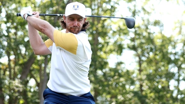 FARMINGDALE, NEW YORK - SEPTEMBER 23: Tommy Fleetwood of Team Europe plays a shot during a practice round prior to the Ryder Cup 2025 at Black Course at Bethpage State Park Golf Course on September 23, 2025 in Farmingdale, New York. (Photo by Richard Heathcote/Getty Images)