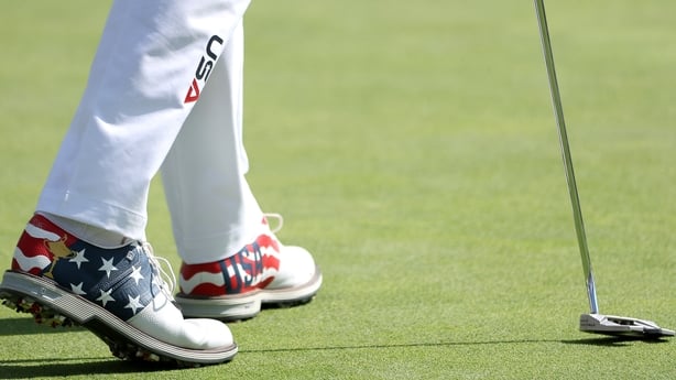 FARMINGDALE, NEW YORK - SEPTEMBER 23: A detailed view of the shoes worn by Justin Thomas of Team United States as he plays the 17th hole prior to the Ryder Cup 2025 at Black Course at Bethpage State Park Golf Course on September 23, 2025 in Farmingdale, New York. (Photo by Jamie Squire/Getty Images)