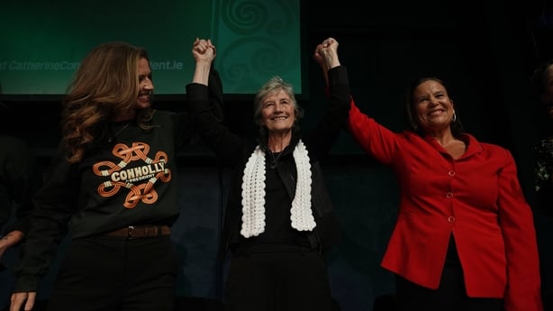 Presidential candidate Catherine Connolly (centre) with Social Democrats leader Holly Cairns (left) and Sinn Fein Leader Mary Lou McDonald (right) as she launches her presidential election campaign at The Complex, Smithfield in Dublin. Picture date: Monday September 22, 2025.