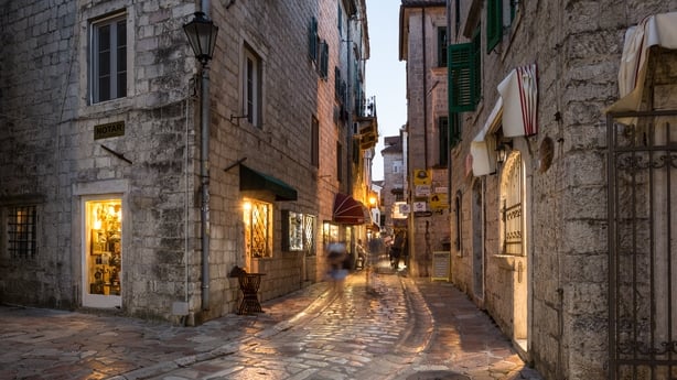 The streets of Kotor old town in Montenegro in the Balkans in Eastern Europe