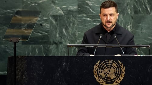 Ukrainian President Volodymyr Zelensky addresses the United Nations General Assembly