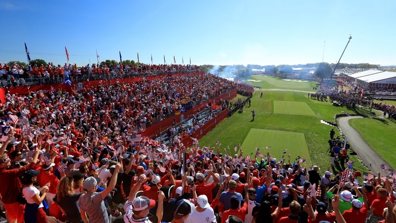 The crowd at the first tee in Hazeltine in 2016